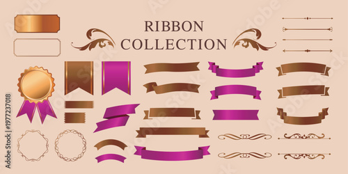 リボンの装飾デザインセットとアンティークな罫線やフレームデザイン

