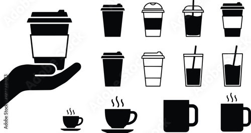 Collection of coffee and tea cup icons in black and white.