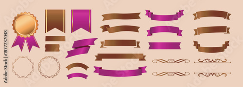 リボンの装飾デザインセットとアンティークな罫線やフレームデザイン

