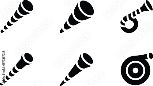 Black Icons Of Telescopes And A Turbocharger On White spyglass optical instrument