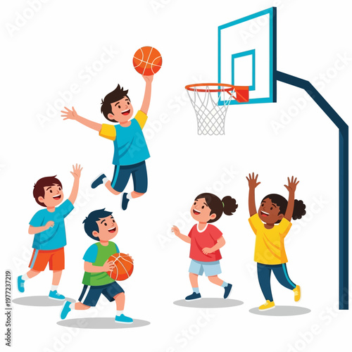Children playing basketball, kids sport game, fun outdoor activity, teamwork, jumping and shooting