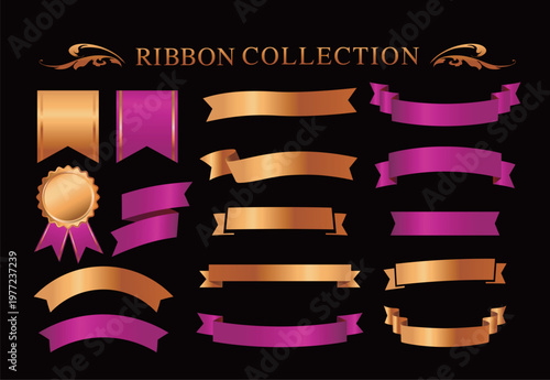 リボンの装飾デザインセットとアンティークな罫線やフレームデザイン
