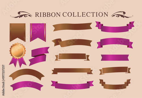 リボンの装飾デザインセットとアンティークな罫線やフレームデザイン

