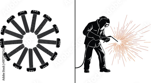 Industrial welding illustration, worker welding metal with sparks, bolts circle design, construction concept, manufacturing, engineering, steel work, industry, repair, fabrication