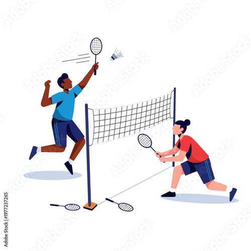 Diverse badminton players competing on court with net and shuttlecock