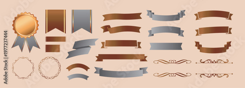 リボンの装飾デザインセットとアンティークな罫線やフレームデザイン
