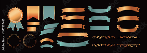 リボンの装飾デザインセットとアンティークな罫線やフレームデザイン
