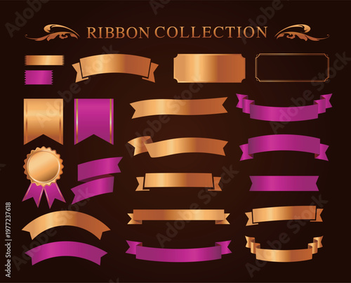 リボンの装飾デザインセットとアンティークな罫線やフレームデザイン
