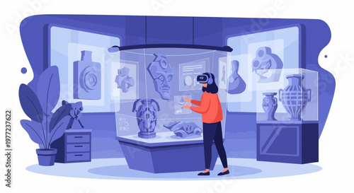 Woman wearing virtual reality headset in museum.