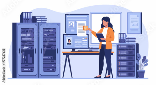 Woman working on computer in office.