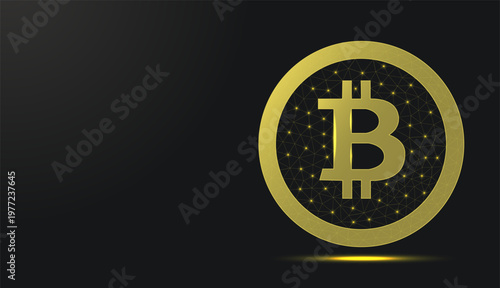 Low poly wireframe golden bitcoin symbol on dark background.