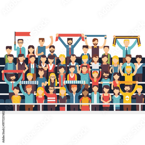 Diverse Crowd Cheering at Sports Event, Stadium Fans with Scarves and Flags