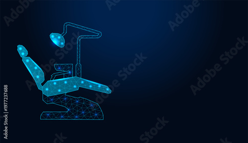 Low poly wireframe dental chair on dark blue background.