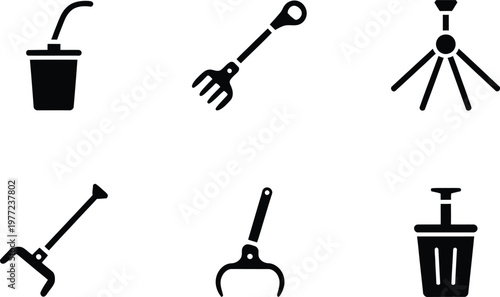 Collection of black icons for cleaning and gardening tools on white background straw drink