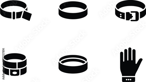 Collection of Black Icons Representing Collars and a Glove dog collar pet collar
