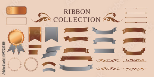 リボンの装飾デザインセットとアンティークな罫線やフレームデザイン
