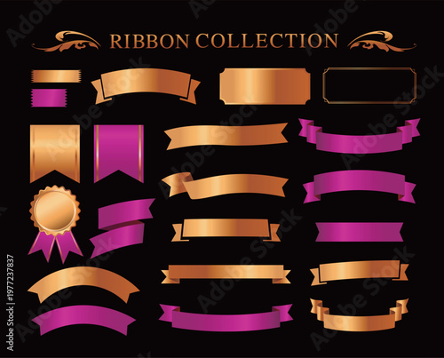 リボンの装飾デザインセットとアンティークな罫線やフレームデザイン
