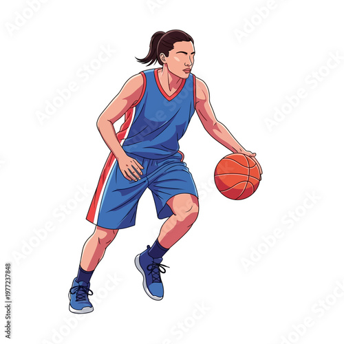 Female Basketball Player Dribbling Ball in Action - Athletic Woman Sport Illustration