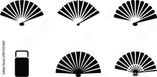 Collection of six black folding fan and object icons on white Keywords: fan, folding fan, hand fan