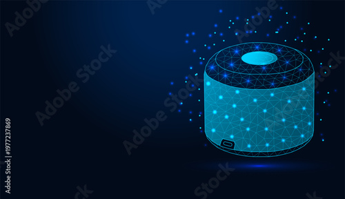 Low poly wireframe smart speaker on dark blue background.