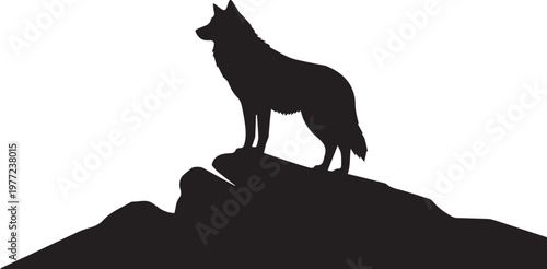 Black silhouette of a wolf standing on a rocky outcrop isolated on white background
