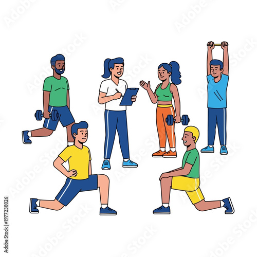 Group fitness class with trainer, people exercising, weightlifting, yoga poses, healthy lifestyle