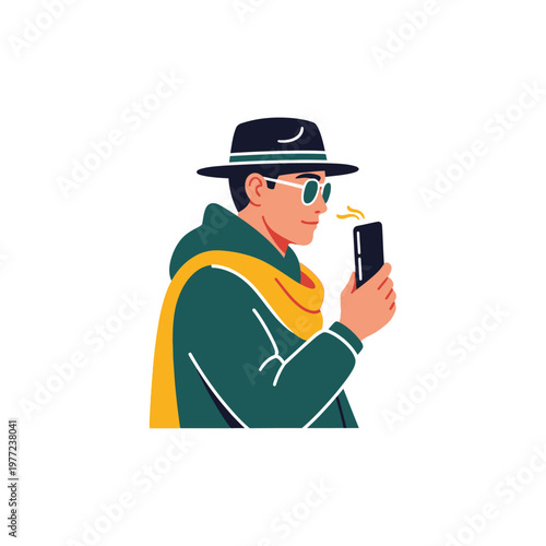Man in hat and scarf using smartphone, illustration, casual style, white background