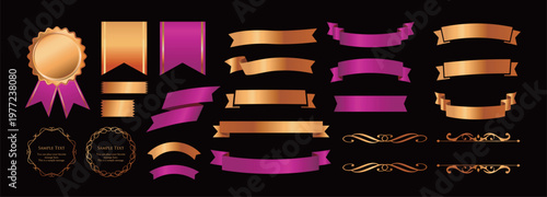 リボンの装飾デザインセットとアンティークな罫線やフレームデザイン
