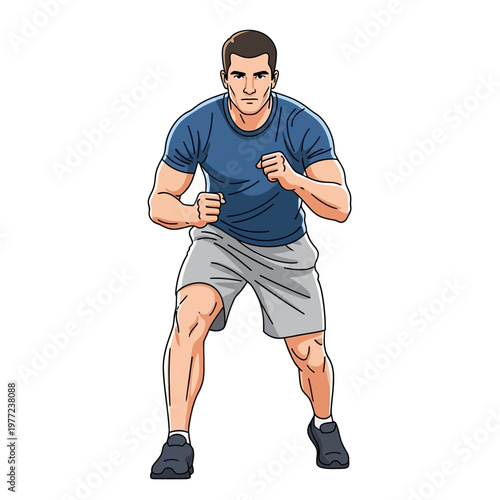 Man in boxing stance, ready to fight, athletic build, casual sportswear