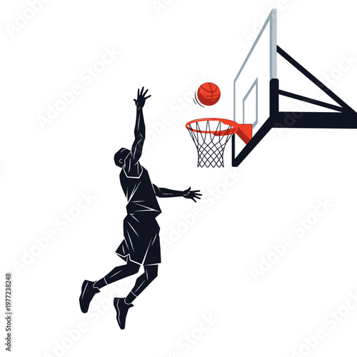 Silhouette of a basketball player jumping to dunk ball into hoop, dynamic action shot