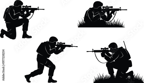 Soldier silhouette set aiming rifle in tactical positions, military combat illustration, 