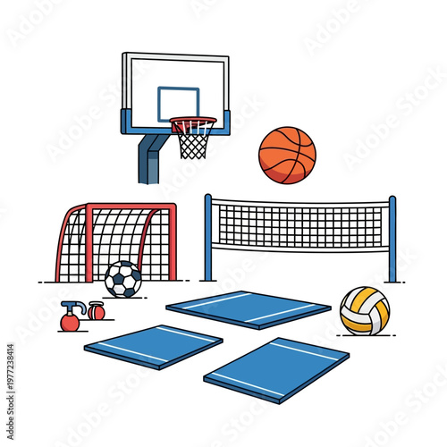 Sports Equipment Collection: Basketball, Soccer, Volleyball Gear and Training Mats