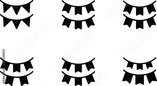 Six Black Bunting Flag Icons on White Background collection
