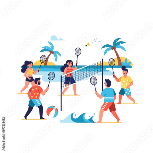 People playing badminton on a tropical beach, summer vacation fun