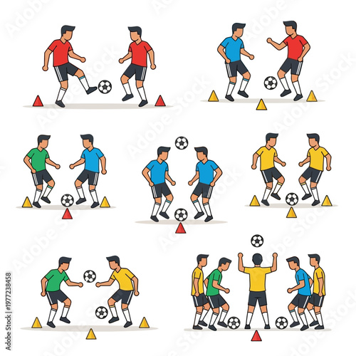 Soccer Training Drills: Players Practice Passing and Dribbling with Cones