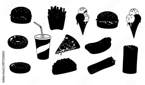 Fast food set vector burger fries pizza ice cream cola hotdog tacos donut shawarma