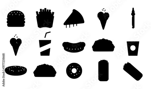 Modern fast food icons vector set with burger pizza fries and drinks flat design