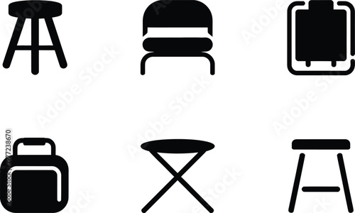 Six Black Icons of Different Stools and Chairs on White Background furniture seating