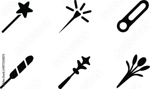 Six Black Icons Of Magic Wands And Sparklers On White Background firework star