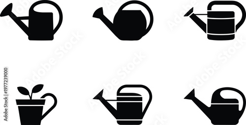 Six black icons of watering cans and a potted plant on a white background garden gardening