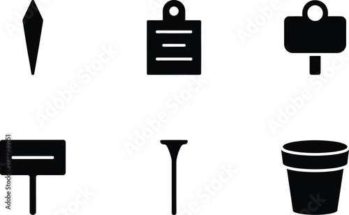 Six black icons representing garden and stationery items on white Keywords: garden, stationery