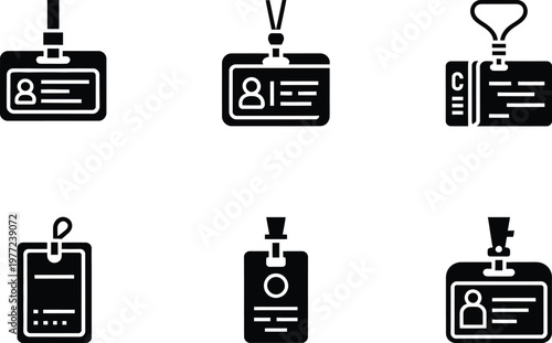 Six Black Identification Badge Icons With Lanyards collection