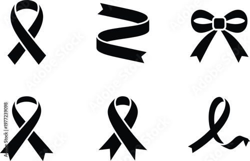 Six Black Ribbon Icons Including Bows And Awareness Ribbons collection
