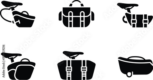 Six Black Silhouette Icons of Bicycle Saddle Bags on White Background bicycle bag bike bag