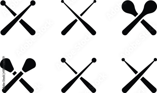 Six Black Silhouette Icons of Crossed Drumsticks and Mallets vector illustration