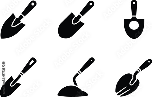 Six black silhouette icons of gardening tools on white background shovel trowel