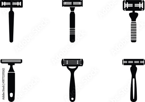 Six black silhouette icons of razors on white background razor blade shaving