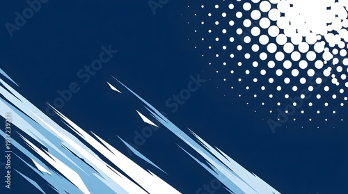 Modern abstract design with sharp white streaks and dot pattern on navy blue background