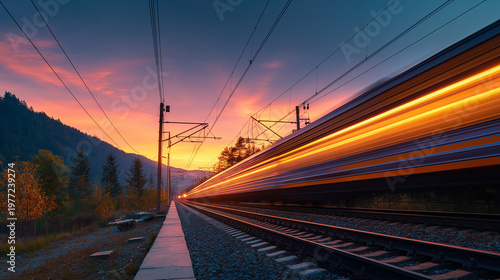 High-Speed Railway Transport with Dynamic Light Trail at Golden Hour