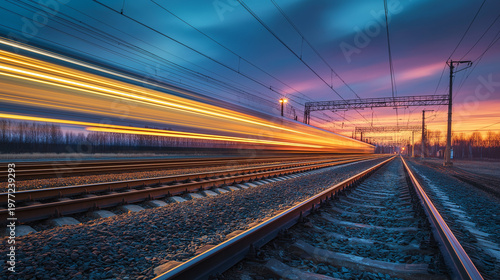 High-Speed Rail Transportation with Dramatic Light Trails at Sunrise